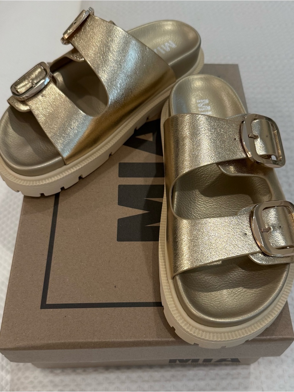 Women’s Metallic Gold Double-Buckle Slide Sandals
